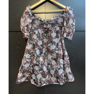 For Love And Lemons Women's Faye Babydoll Mini Dress Medium Floral Puff Sleeves